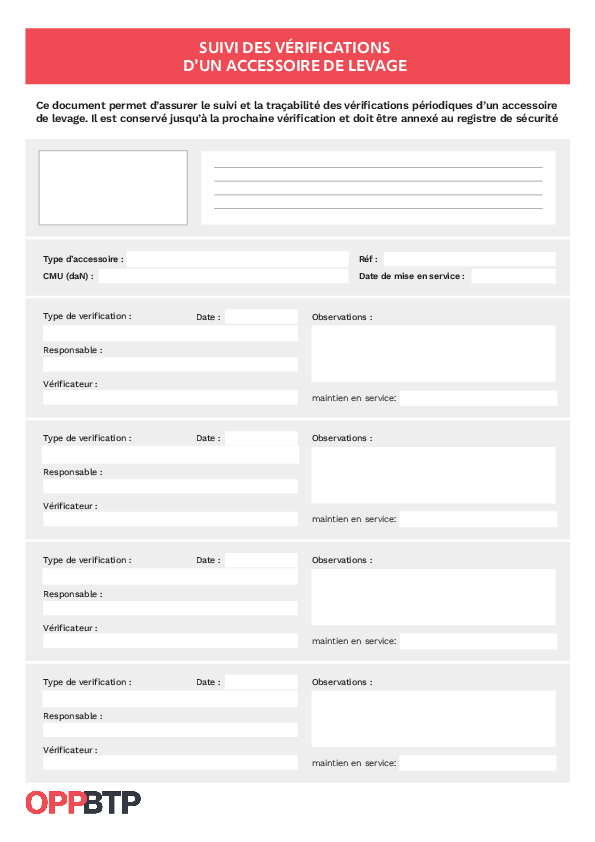 Suivi des vérifications d’un accessoire de levage