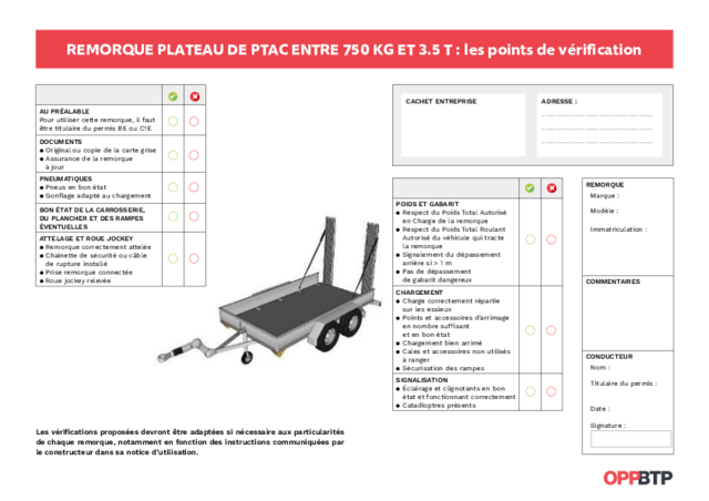 Je vérifie la remorque plateau de PTAC 750 kg à 3,5 T