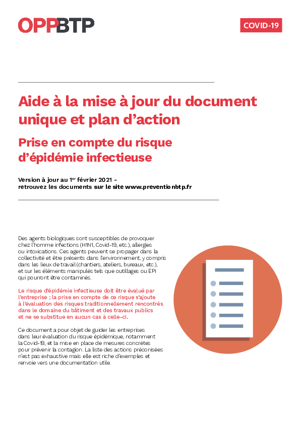 Aide à la mise à jour du document unique et du plan d'action - Prise en compte du risque d'épidémie infectieuse