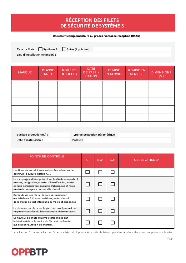 Réceptionner des filets de sécurité de système S