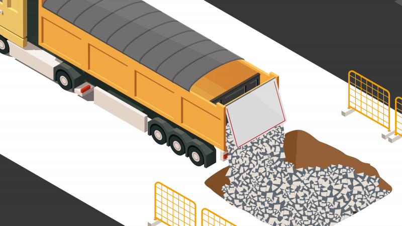 Travaux routiers : une benne à fond poussant pour l'éjection horizontale des enrobés et des matériaux de carrière