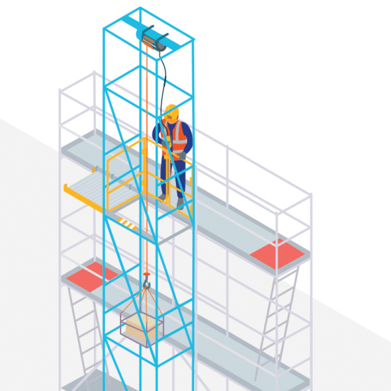 Une sapine dotée d'un plancher escamotable pour lever des charges et approvisionner le chantier en sécurité
