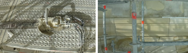 La tronçonneuse hydraulique pèse une dizaine de kilogrammes / Exemple d’échafaudage gênant l’accès à la pierre