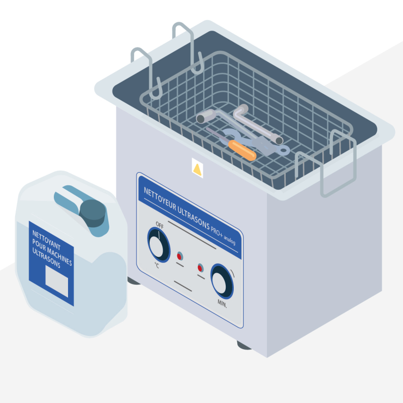 Nettoyer les outils recouverts de bitume avec une solution combinée ultrasons et huile biodégradable