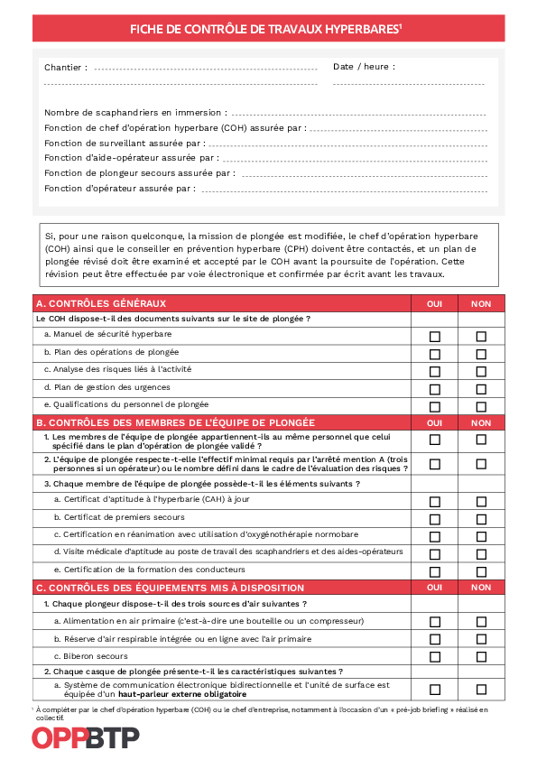 Travaux hyperbares : une fiche de contrôle pour bien préparer une opération de plongée