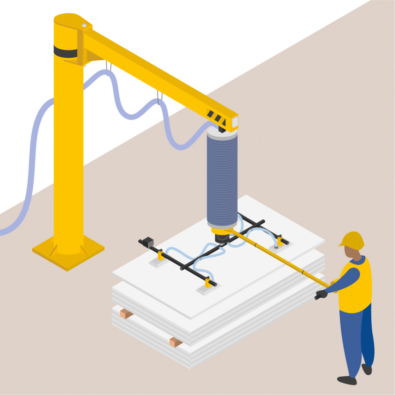 Utilisation d'une potence à dépression d'air pour la manutention de panneaux bois