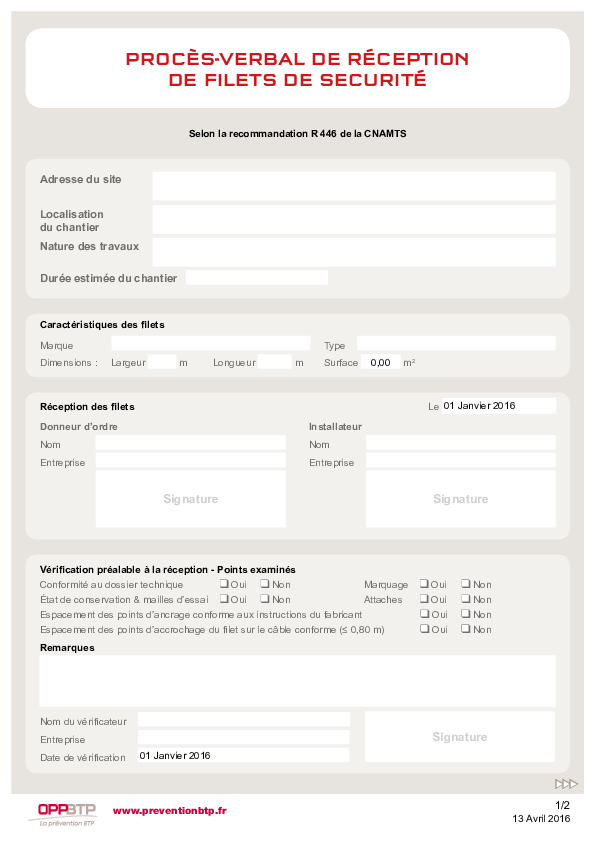 Procès-verbal de réception de filets de sécurité
