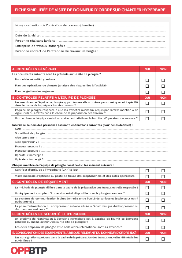 Travaux hyperbares : fiche simplifiée de visite de donneur d'ordre
