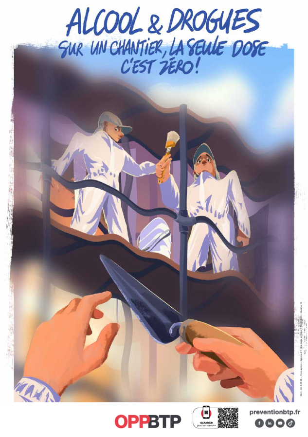Affiche de prévention Alcool et drogues sur les chantiers : sur un chantier, la seule dose, c'est zéro !