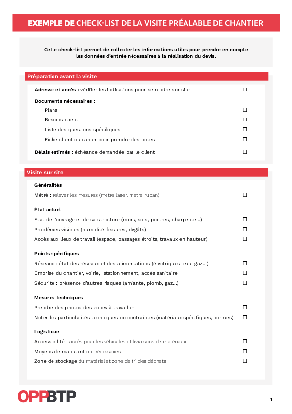 Exemple de check-list de la visite préalable de chantier