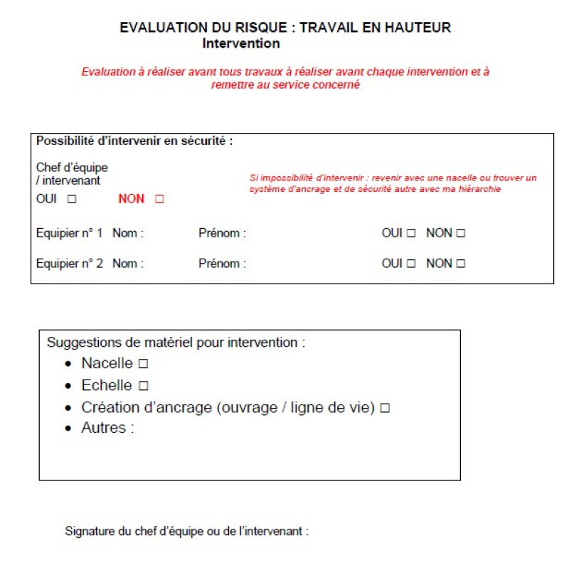Fiche navette travail en hauteur MOA / intervenant