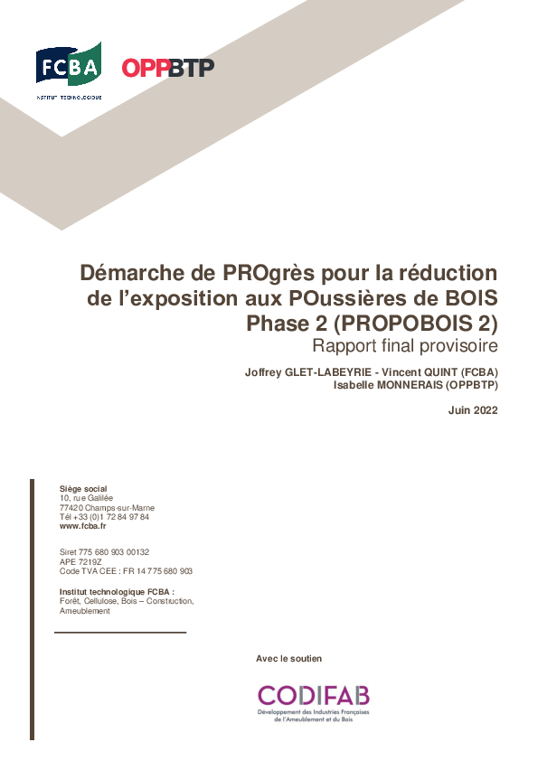 Rapport Propobois 2 – Poursuite de la démarche de progrès pour la réduction de l’exposition aux poussières de bois (phase 2)