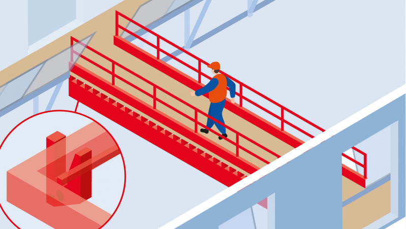 Une passerelle métallique entre deux bâtiments en construction pour éviter les escaliers